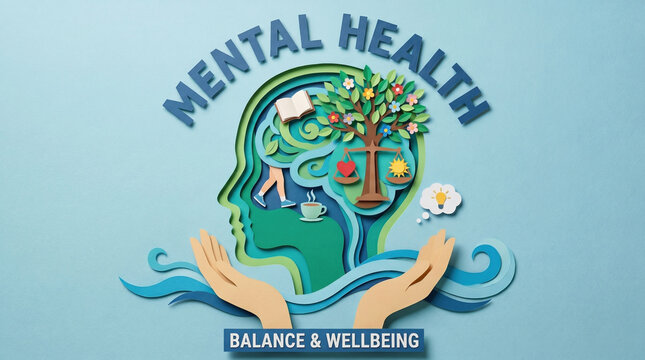 Mental health balance and wellbeing paper art concept