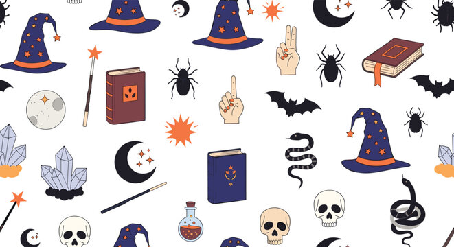 Enchanting seamless pattern of magic wizardry items like star hats, spell books, crystals, and mythical creatures on white.