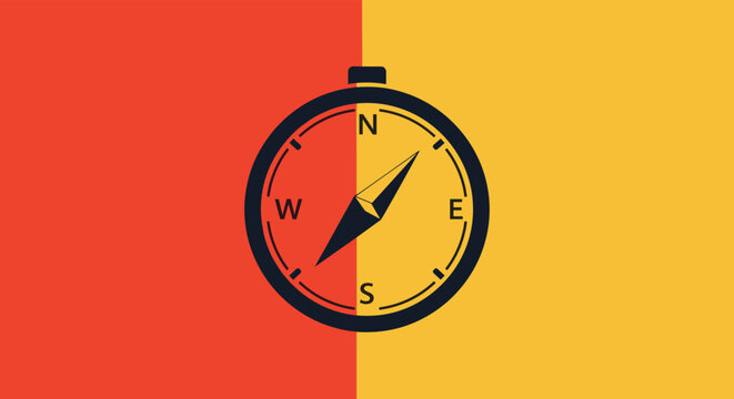 Simple black compass icon centered on a vertically split background of vibrant red and warm yellow colors for navigation themes.