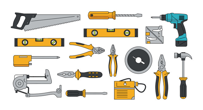 Comprehensive set of construction and repair tools including saws, drills, pliers, hammers, levels, and screwdrivers.