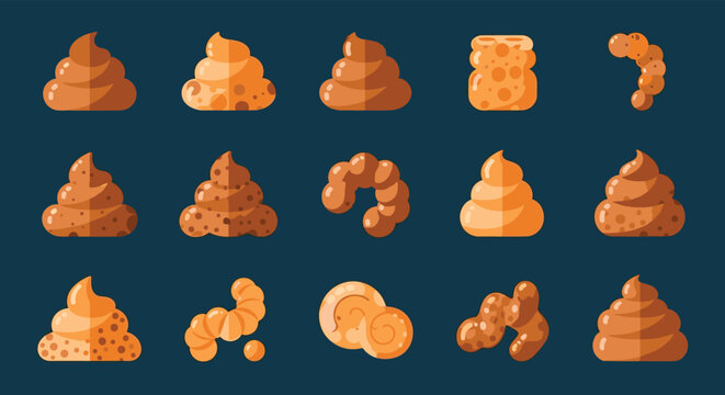 Informative set of various poop or stool icons showing different shapes, textures, and colors on a dark blue background.