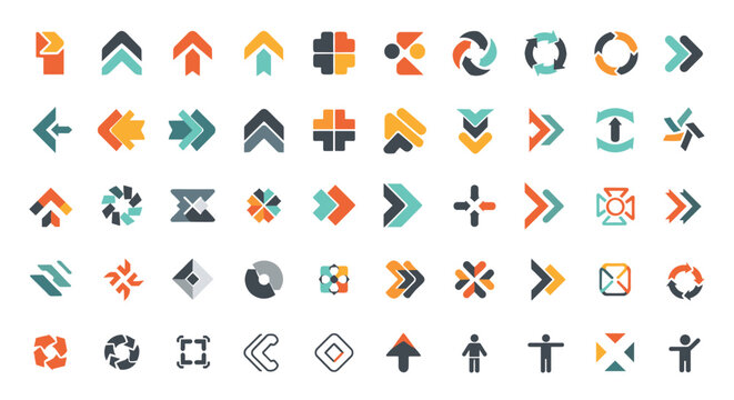 Large set of diverse arrow icons and directional symbols in various geometric styles and vibrant colors for user interface design.