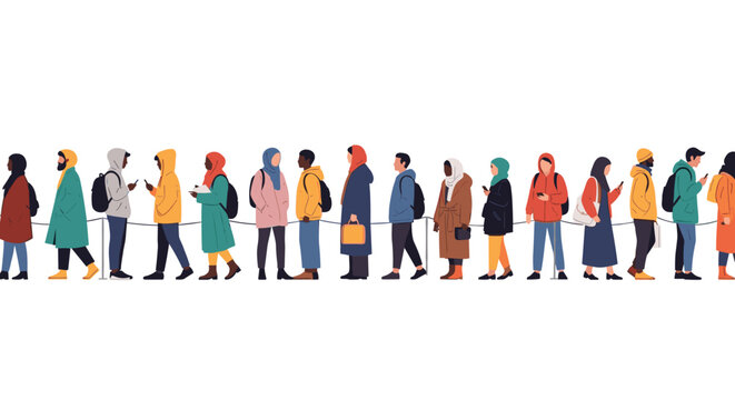 Diverse group of people of various ages and ethnicities standing in a long patient queue wearing casual winter and autumn clothing.