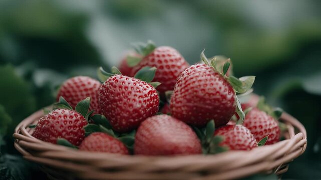 Fresh strawberries are gathered in a woven basket on a sunny day in a strawberry patch. Bright red berries sit among green leaves. The harvest shows the beauty of summer fruits