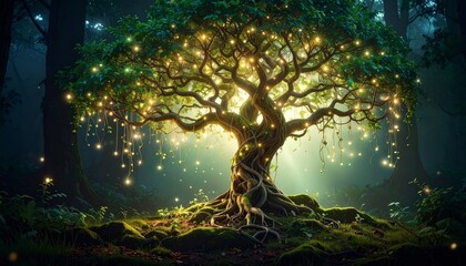 Fototapeta premium Enchanted Tree With Glowing Lights In Mystical Forest