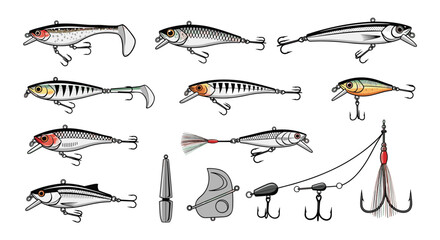 Obraz premium Various fishing lures and baits including crankbaits, spoons, and soft plastics for angling enthusiasts and professional fishermen.