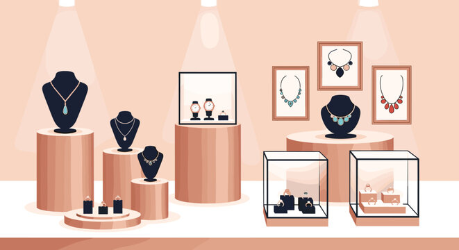 Elegant interior view of a luxury jewelry store featuring display stands for necklaces, watches, and rings in a sophisticated palette.