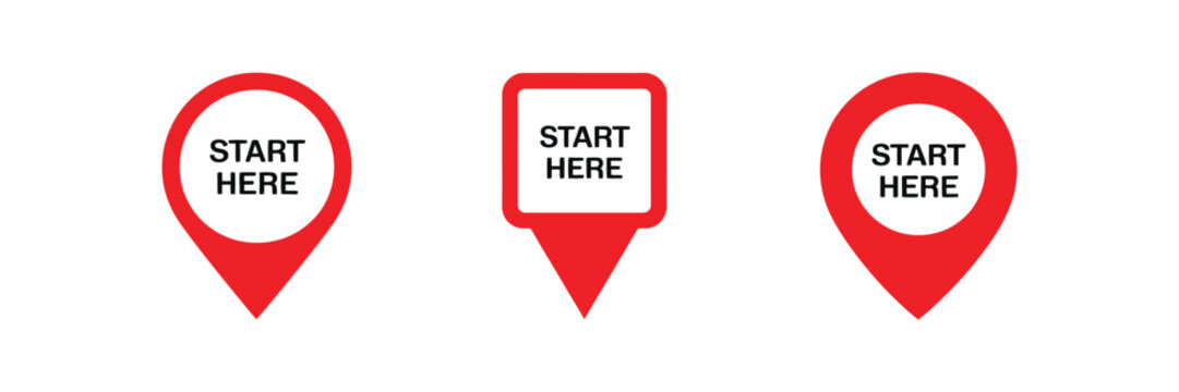 Start Here Map icon Collection Featuring Red GPS Location Pins and Navigation Symbols, isolated vector illustration for Travel and Mapping design.
