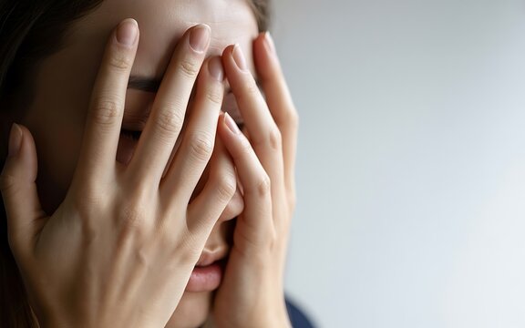 Young woman covering face with hands feeling stressed and overwhelmed in quiet room.