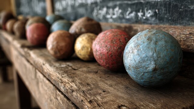 Rustic wooden bocce balls on weathered table in vintage classroom setting