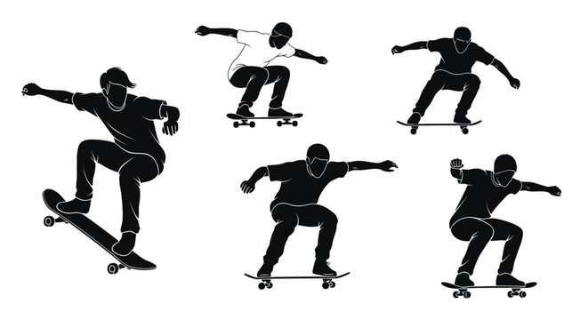 Dynamic silhouettes of urban skateboarders capture different mid-air tricks and poses on skateboards against a clean white background.