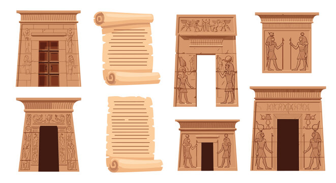 Ancient Egyptian architectural set includes illustrations of temple entrances, hieroglyphic carvings, and traditional papyrus scrolls.