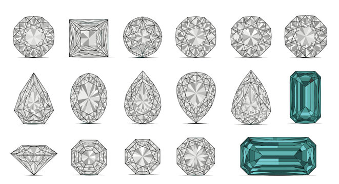 Comprehensive collection of sparkling clear diamonds and blue emerald cut gemstones in various classic jewelry shapes and facets.
