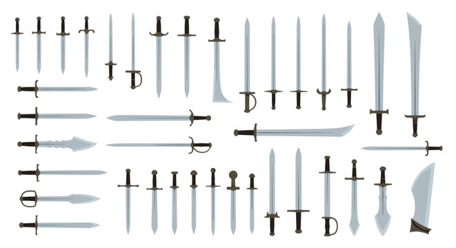 Extensive collection of various types of swords including longswords daggers and scimitars displayed on a white background.