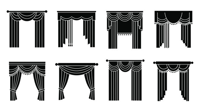 Collection of eight different black curtain and drapery silhouettes with various valance and window treatment styles for design.