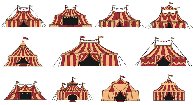 Collection of twelve different vintage style red and yellow striped circus tents for carnival, fairground, and festival designs.
