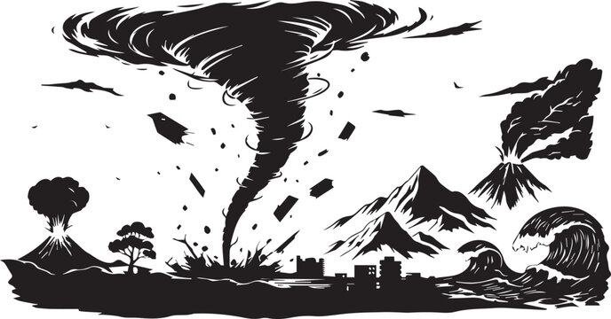 Vector illustration of a tornado destroying a town with mountains and trees in the background isolated on white background