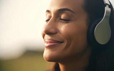 Fototapeta premium Serene woman with headphones listening to music outdoors enjoying pleasant sounds.