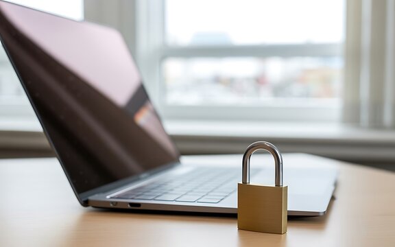 Secure laptop computer with padlock security on desk for data protection.