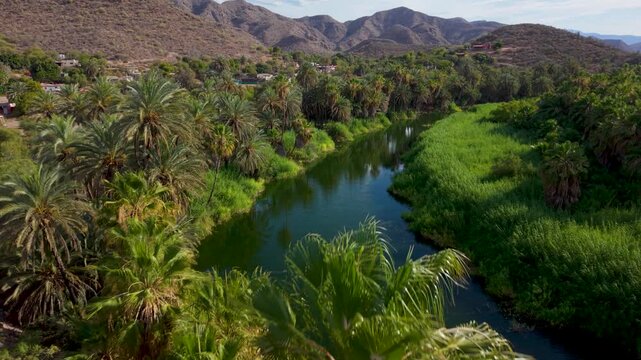 Aerial views show the river next to the Mission of Santa Rosalia in Mulege surrounded by mountains, desert, and a lush oasis in the afternoon light.