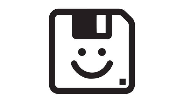Minimalist vector illustration of a friendly smiling floppy disk icon for modern digital interface design projects