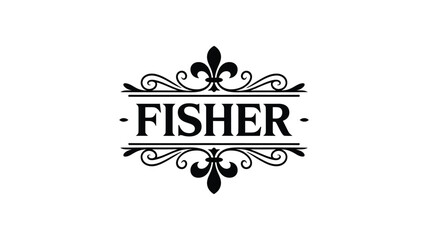 Elegant fisher name monogram logo with classic fleur de lis ornaments and decorative dividers in black over transparent background. © Mujahid