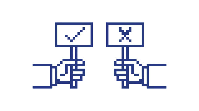 Pixel art illustration of two hands holding voting placards with blue tick and cross marks isolated on transparent background.