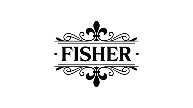 Elegant fisher name monogram logo with classic fleur de lis ornaments and decorative dividers in black over transparent background.