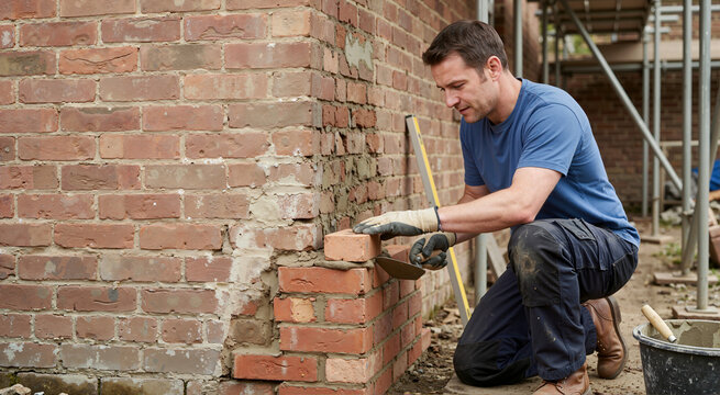 Male bricklayer laying red bricks on the corner of a building. Construction worker kneeling and using a trowel to apply mortar. Masonry and exterior repair project