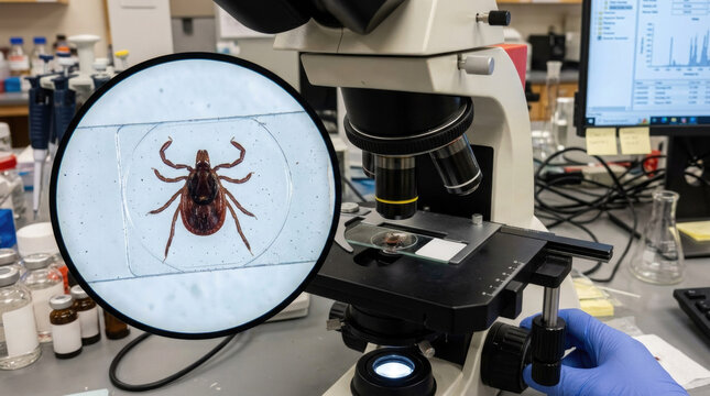 A tick specimen under a microscope on a glass slide in a research laboratory, scientific research, disease analysis, parasite identification and laboratory testing.