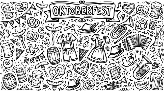 Oktoberfest German Festival Black and White Line Art Doodle Illustration with Beer, Pretzels, Dirndl, Lederhosen, Sausages, and Traditional Musical Instruments