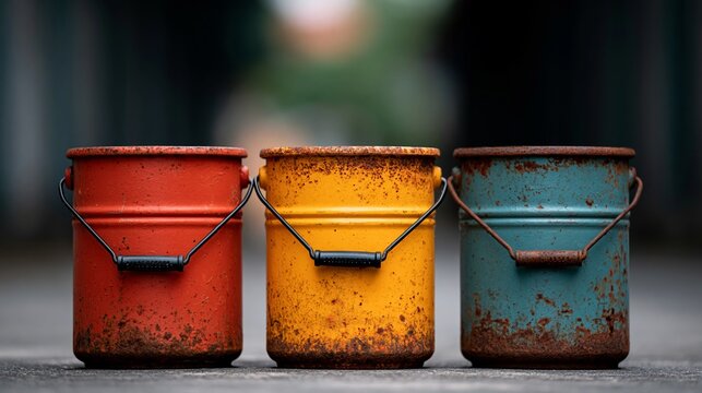 Three weathered metal paint buckets in red, yellow, and blue arranged in a row on a concrete surface, showcasing rust and wear from prolonged outdoor exposure