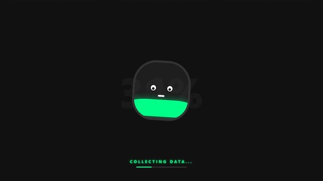 Pixelated character shows loading progress, collecting data animation