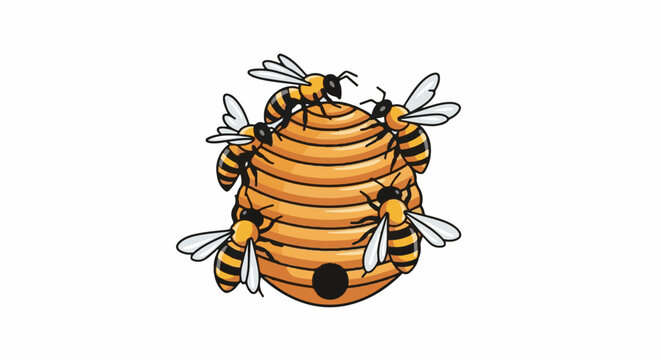 Cartoon bees buzzing around an orange beehive with a black entrance hole