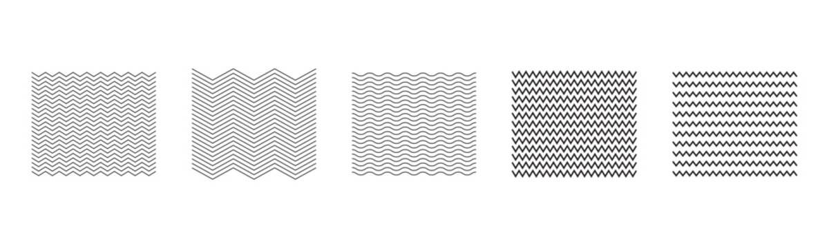 Minimal black zigzag and wavy line patterns in abstract style. Creative geometric underline elements and flowing wave shapes isolated on white background. Editable vector icon collection.