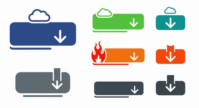Collection of colorful digital buttons with download icons and cloud or fire graphics