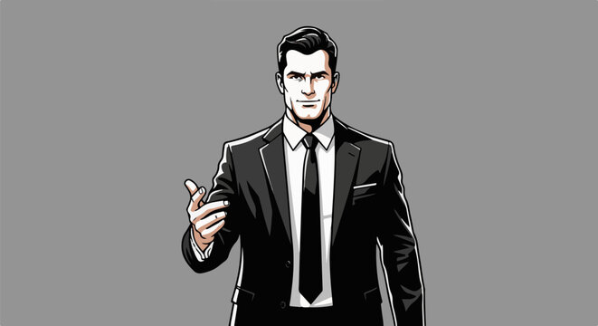 Cartoon man in a black suit and tie, looking directly forward