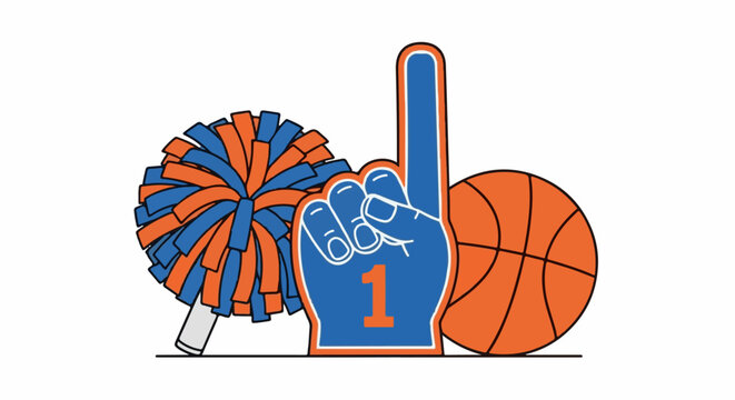 Blue and orange pom-pom, foam finger with "1", and basketball on white