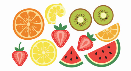 Fototapeta premium Assortment of colorful, sliced summer fruits including strawberries, oranges, lemons, kiwis, and watermelon