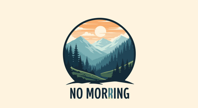 Circular graphic of a serene mountain landscape at sunset with pine trees and text