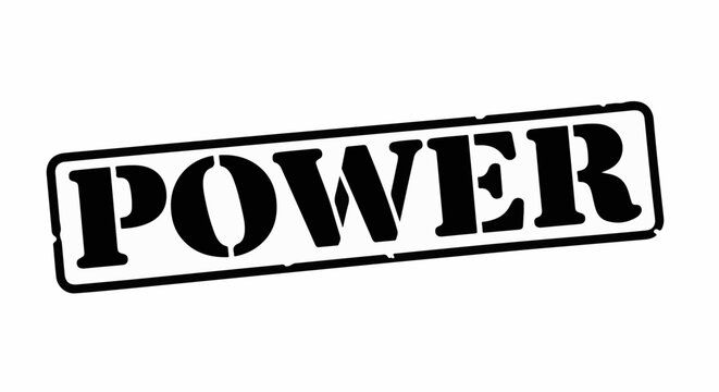 Bold black text "POWER" angled within a distressed rectangular border on a white background