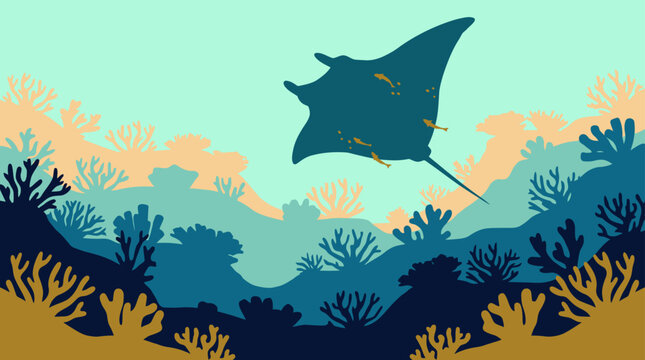 An illustration of a stingray swimming over coral reefs underwater with sea plants.