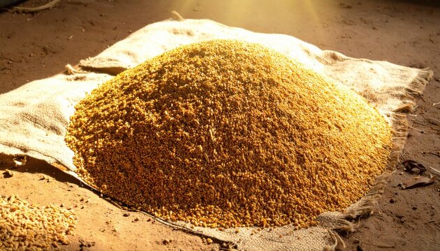 Abundant golden wheat kernels piled high on burlap, representing agriculture and harvest bounty.