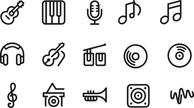 Music and audio equipment line icon set with microphone, guitar, and musical notes