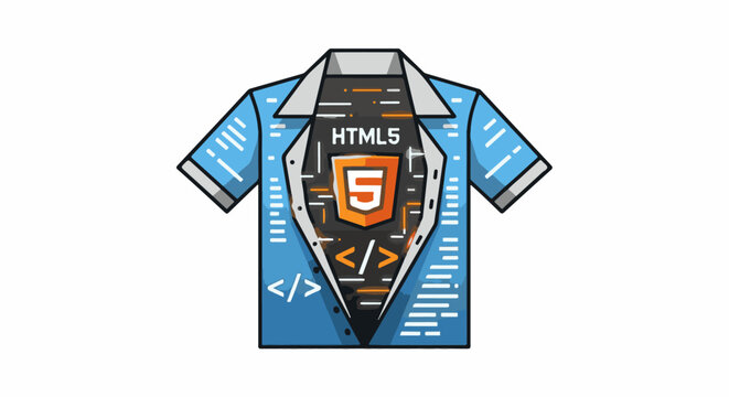 Cartoon style light blue short-sleeved shirt, revealing code and HTML5 logo