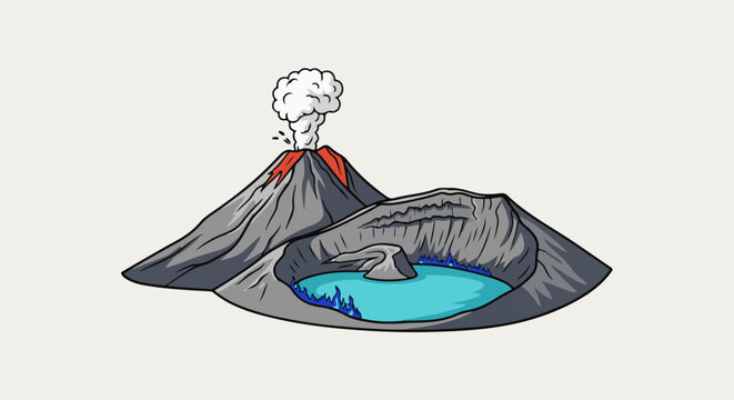 An erupting volcano spews smoke next to a crater lake with blue flames