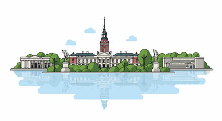 Obraz premium An illustrative cityscape with classical architecture, statues, trees, and water reflections