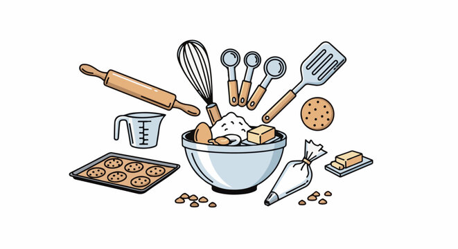 Baking supplies and ingredients arranged for making cookies, featuring a bowl of flour, eggs, butter, and kitchen tools
