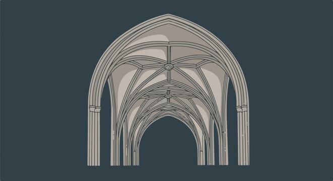 An interior view of a gothic vaulted ceiling with ribbed arches and decorative stone ribs