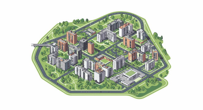An isometric pixel art view of a modern residential neighborhood with apartment buildings and trees